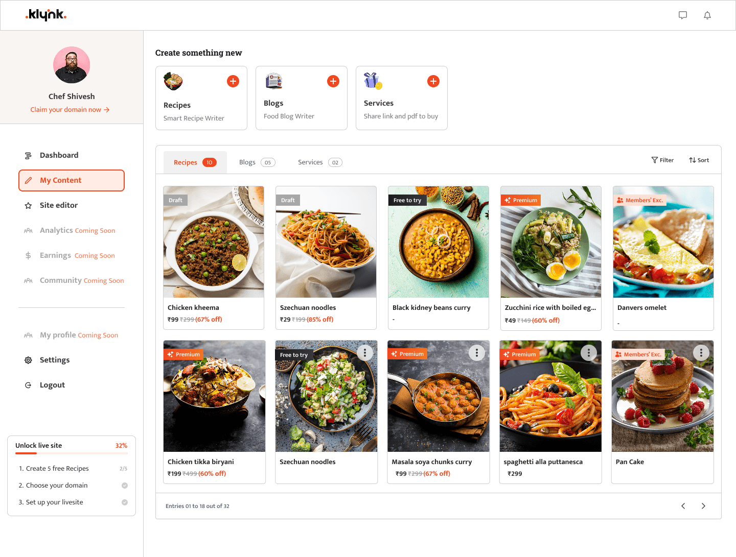 Content organization on Klynk Recipes Platform